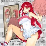  breasts checkered checkered_background cheerleader chibi_inset dated large_breasts long_hair mirror mori_hikiko original pom_poms red_eyes red_hair redhead reflection sweatdrop teriyaki translation_request wink 