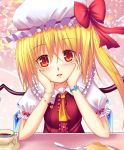  ascot blonde_hair blush cup flandre_scarlet food fork hat hat_ribbon heart highres koromia leaning looking_at_viewer plate red_eyes ribbon side_ponytail solo teacup touhou wings 