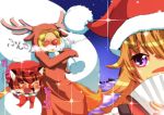  absurdres animal_costume animal_ears blonde_hair brown_hair cat_ears chen christmas clenched_teeth closed_eyes earrings eyes_closed fang hat highres horns jewelry long_sleeves multiple_girls open_mouth purple_eyes reindeer sack santa_hat short_hair touhou trembling verta_(verlaine) violet_eyes yakumo_ran yakumo_yukari 