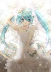 aqua_eyes aqua_hair bare_shoulders bow dress flower hair_bow hatsune_miku highres koge_donbo long_hair looking_at_viewer rose rough smile solo sparkle twintails very_long_hair vocaloid wedding_dress 