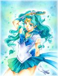  2012 aqua aqua_eyes aqua_hair arm_up bishoujo_senshi_sailor_moon bow brooch choker dated deep_aqua_mirror dress gloves green_dress jewelry kaiou_michiru long_hair magical_girl mirror nashi_juni neptune_symbol petals pleated_skirt ribbon sailor_collar sailor_neptune skirt smile solo super_sailor_neptune 