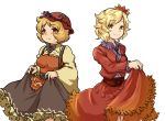  aki_minoriko aki_shizuha arana_21 blonde_hair food fruit grapes hair_ornament hat leaf long_sleeves maple_leaf multiple_girls mutsuki_(tsugaidanuki) orange_eyes siblings sisters smile sweatdrop touhou white_background wide_sleeves yellow_eyes 