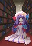  book bookshelf bow capelet crescent hair_bow hat highres long_hair long_sleeves patchouli_knowledge purple_eyes purple_hair solo t2r touhou violet_eyes 