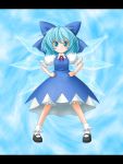  blue_eyes blue_hair bow cirno detached_wings hair_bow hands_on_hips highres ice ice_wings letterboxed mary_janes puffy_sleeves shoes short_hair short_sleeves smile solo t2r touhou wings 