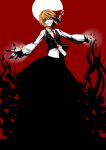  blonde_hair crazy_eyes hair_ribbon highres necktie outstretched_arms red_background red_eyes ribbon rumia short_hair shukusuri smile solo touhou 