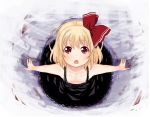  :o abe_kanari alternate_costume blonde_hair blush bow dress fang flat_chest hair_bow looking_at_viewer looking_up open_mouth outstretched_arms red_eyes rumia short_hair solo touhou 