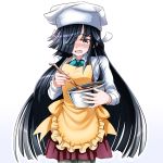  1girl black_hair black_legwear brown_eyes carrying chef_hat chocolate_making hair_over_one_eye hat hayashimo_(kantai_collection) holding kantai_collection ladle long_hair looking_at_viewer pantyhose school_uniform simple_background solo tk8d32 valentine white_background 