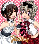  2boys androgynous bare_shoulders bow brown_eyes brown_hair choker detached_sleeve grey_hair hair_bow hands_together maid maid_headdress makuro male midriff multiple_boys open_mouth original polka_dot purple_eyes skirt smile translation_request trap violet_eyes wink 
