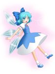  blue_eyes blue_hair bow cirno detached_wings hair_bow highres ice ice_wings mary_janes open_mouth puffy_sleeves shoes short_hair short_sleeves solo t2r touhou wings 