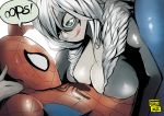  1girl black_cat_(marvel) black_cat_(spider-man) blue_eyes bodysuit breast_rest breasts cleavage english felicia_hardy hair_over_one_eye jinbei large_breasts long_hair marvel mask short_hair skin_tight spider-man spider-man_(series) sweat tongue tongue_out v-neck white_hair 