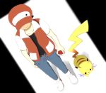  1boy baseball_cap belt black_hair child hat holding holding_poke_ball jeans perspective pikachu poke_ball pokemon pokemon_(creature) pokemon_(game) pokemon_rgby red_(pokemon) red_(pokemon)_(classic) rukao36 standing 