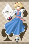  alice_margatroid blonde_hair blue_eyes book capelet character_name hairband highres long_sleeves mary_janes open_mouth sash shoes short_hair solo standing t2r touhou 