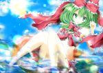  alternate_costume bikini bow front_ponytail green_eyes green_hair hair_bow kagiyama_hina long_hair mizu_(nonbiri) ribbons sky solo sun swimsuit touhou tube umi_no_mizu water 