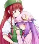  blue_eyes blush bow braid breast_grab breasts brown_hair closed_eyes commentary_request crescent eyes_closed hair_bow hat height_difference hong_meiling hug long_hair long_sleeves looking_down multiple_girls open_mouth patchouli_knowledge purple_hair red_hair redhead star suzushiro_yukari touhou twin_braids wink yuri 
