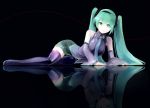  :o bare_shoulders black_background boots detached_sleeves green_eyes green_hair hatsune_miku hips kyokucho long_hair lying necktie on_side reflection reflective_floor simple_background skirt solo thigh-highs thigh_boots thighhighs twintails vocaloid zettai_ryouiki 