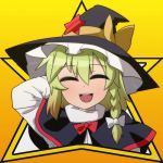  blonde_hair blush bow braid capelet closed_eyes eyes_closed hat hat_bow jeno kirisame_marisa long_hair long_sleeves open_mouth side_braid single_braid solo star touhou witch_hat 