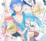  blue_hair butterfly flower hair_ornament hair_ribbon hatsune_miku highres kagamine_len kagamine_rin kaito koma_(remi_398) megurine_luka messy_hair nintendo_ds pillow pink_hair ribbon saliva scarf siblings sleeping twins twintails vocaloid young 