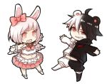  1boy 1girl animal_ears bow chibi dangan_ronpa dress hair_bow kaguya_ame monokuma monomi_(dangan_ronpa) multicolored_hair personification pink_hair red_eyes super_dangan_ronpa_2 