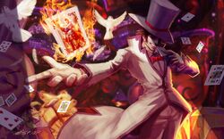  card fire gloves hat highres jack_in_the_box_(toy) league_of_legends magic_trick malcolm_graves playing_card top_hat twisted_fate xiaoguimist 