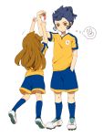  1girl blue_hair blue_legwear brown_hair candy gym_shorts hairband inazuma_eleven inazuma_eleven_(series) inazuma_eleven_go inazuma_eleven_go_chrono_stone kneehighs long_hair nanobana_kinako raimon shoes sneakers soccer_uniform tomo_(sjim) tsurugi_kyousuke yellow_eyes 