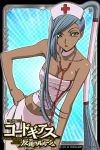  alternate_costume bare_shoulders blue_background breasts cleavage code_geass cosplay dark_skin detached_collar grey_hair hand_on_hip hat long_hair looking_at_viewer midriff miniskirt nurse nurse_cap official_art ponytail red_cross side_ponytail skirt sleeveless solo stethoscope tubetop very_long_hair villetta_nu yellow_eyes 