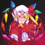  ascot bow crystal flandre_scarlet hat hat_bow laevatein lowres puffy_sleeves red_eyes shionty short_hair short_sleeves side_ponytail smile solo touhou weapon wings 