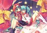  bunny_hood closed_eyes eyes_closed hatsune_miku lots_of_laugh_(vocaloid) multiple_girls pantyhose pf sitting socks star vocaloid 