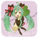  ahoge character_name detached_sleeves green_eyes green_hair happy_birthday hatsune_miku long_hair musical_note open_mouth skirt sleeves_past_wrists solo spring_onion thigh-highs thighhighs twintails very_long_hair vocaloid yuma3830 