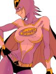  1girl belt cape clothes_writing genderswap grin hand_on_hip kaburagi_t_kotetsu profile smile solo spandex superhero tiger_&amp;_bunny wild_tiger 