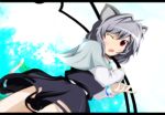  animal_ears capelet crystal dowsing_rod glassworks-flower grey_hair nazrin open_mouth red_eyes short_hair solo tail touhou wink 