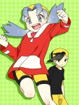  1girl alternate_costume bangs bare_legs baseball_cap bike_shorts black_hair blue_hair blush couple crystal_(pokemon) gold_(pokemon) gold_(pokemon)_(cosplay) hat jumping open_mouth pokemon pokemon_(game) pokemon_gsc pumpkinpan smile standing_on_one_leg twintails 