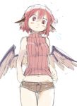  animal_ears bare_shoulders blush_stickers flying_sweatdrops mystia_lorelei navel no_hat no_headwear pink_eyes pink_hair ribbed_sweater rough sape_(saperon_black) short_hair short_shorts shorts simple_background sketch sleeveless solo sweater touhou white_background wings 