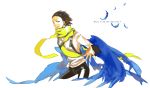  blue_eyes brown_hair looking_at_viewer male mochizuki_ryouji persona persona_3 scarf short_hair simple_background smile solo suspenders wings 