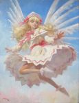  1girl blonde_hair blue_hair blue_sky bow calligraphy_brush_(medium) capelet dress fairy_wings flying hat hat_bow highres lily_white long_hair long_sleeves misawa_hiroshi oil_painting_(medium) sash sky solo touhou traditional_media white_dress wide_sleeves wings 