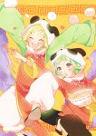  ami7 animal_costume animal_ears blonde_hair blush bowl chinese_clothes closed_eyes eyes_closed fang food green_eyes green_hair gumi hair_ornament hairclip hat highres kagamine_rin multiple_girls nikuman noodles open_mouth outstretched_arms panda_costume panda_hat ramen red_eyes short_hair smile vocaloid yie_ar_fan_club_(vocaloid) 