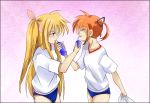  2girls blonde_hair brown_hair buruma drinking fate_testarossa gym_uniform highres jink lyrical_nanoha mahou_shoujo_lyrical_nanoha multiple_girls takamachi_nanoha twintails 