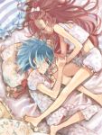  blue_hair closed_eyes eyes_closed j-peg long_hair mahou_shoujo_madoka_magica miki_sayaka multiple_girls pajamas pillow red_hair redhead ribbon sakura_kyouko short_hair sleeping sweat tegaki 