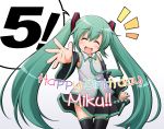  :d character_name closed_eyes detached_sleeves eyes_closed green_hair happy_birthday hatsune_miku long_hair manami_tatsuya necktie open_mouth outstretched_arm skirt smile solo thigh-highs thighhighs twintails very_long_hair vocaloid 