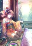  bow breasts brown_eyes brown_hair cleavage easel hair_bow hair_ornament highres japanese_clothes off_shoulder original paint paintbrush painting sen_kagura sitting thigh-highs thighhighs wariza 