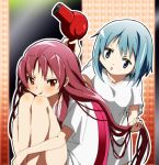  blue_eyes blue_hair blush chair hair_dryer hand_in_hair leg_hug long_hair mahou_shoujo_madoka_magica mesushirindaa miki_sayaka multiple_girls naked_shirt open_mouth pout red_eyes red_hair redhead sakura_kyouko shirt short_hair sitting 