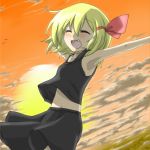  alternate_costume blonde_hair bow closed_eyes eyes_closed fang hair_bow nobamo_pieruda outstretched_arms rumia short_hair solo sunset touhou 