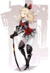  armor armored_dress armored_skirt blonde_hair blue_eyes blush boots bow bravely_default:_flying_fairy edea_lee gauntlets gloves hair_bow high_heels katana leaning_forward long_hair looking_at_viewer original pantyhose saitom shoes skirt solo sword thigh-highs thigh_boots thighhighs weapon white_legwear 