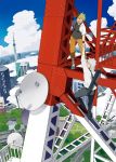  alternate_costume blonde_hair blue_sky building casual cityscape climbing cloud clouds hatake_kakashi highres i_(kaiyou) multiple_boys naruto naruto_shippuuden satellite_dish sky spiked_hair spiky_hair tower tree uzumaki_naruto white_hair 