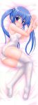  absurdres ass bed_sheet blue_eyes blue_hair blush character_request copyright_request dakimakura dakimakura_(object) highres kisaragi_mic looking_back lying no_shoes on_side one-piece_swimsuit pillow scan see-through shiny shiny_skin skindentation solo swimsuit thigh-highs thighhighs wet wet_clothes white_legwear white_swimsuit 