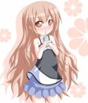  blouse blush brown_eyes brown_hair drinking kagerou_(kers) long_hair milk milk_carton oomuro_hanako skirt solo straw very_long_hair yuru_yuri 