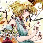  alternate_costume bare_shoulders blonde_hair blush bust closed_eyes eyes_closed fang flandre_scarlet hat musical_note nanashii_(soregasisan) profile red_eyes short_hair side_ponytail sleeveless snapping_fingers solo touhou wings 