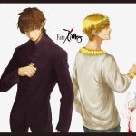  blonde_hair bracelet brown_eyes brown_hair cross cup fate/zero fate_(series) gilgamesh holding_cross jewelry kotomine_kirei letterboxed logo male multiple_boys necklace red_eyes smskt_25 title_drop wine_glass 