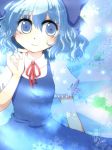  blue_eyes blue_hair bow cirno dress hair_bow ice ice_wings puffy_sleeves ribbon short_hair short_sleeves smile snow solo touhou wings 
