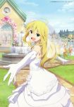  ahoge akai_toshifumi blonde_hair church cloud clouds dress elbow_gloves gloves green_eyes highres hoshii_miki idolmaster long_hair looking_at_viewer official_art open_mouth sky solo the_idolm@ster veil wedding_dress 
