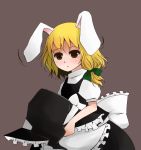  animal_ears apron arano_oki blonde_hair bunny_ears hat hat_removed headwear_removed kirisame_marisa puffy_sleeves rabbit_ears short_hair short_sleeves solo touhou witch_hat yellow_eyes 